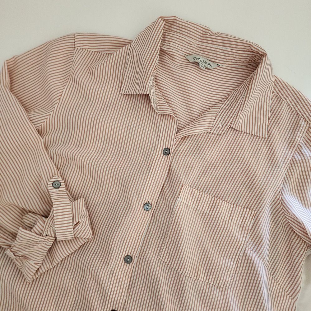 JOHN MARK Womens Striped Embroidered Tunic Shirt Blouse Top Size M